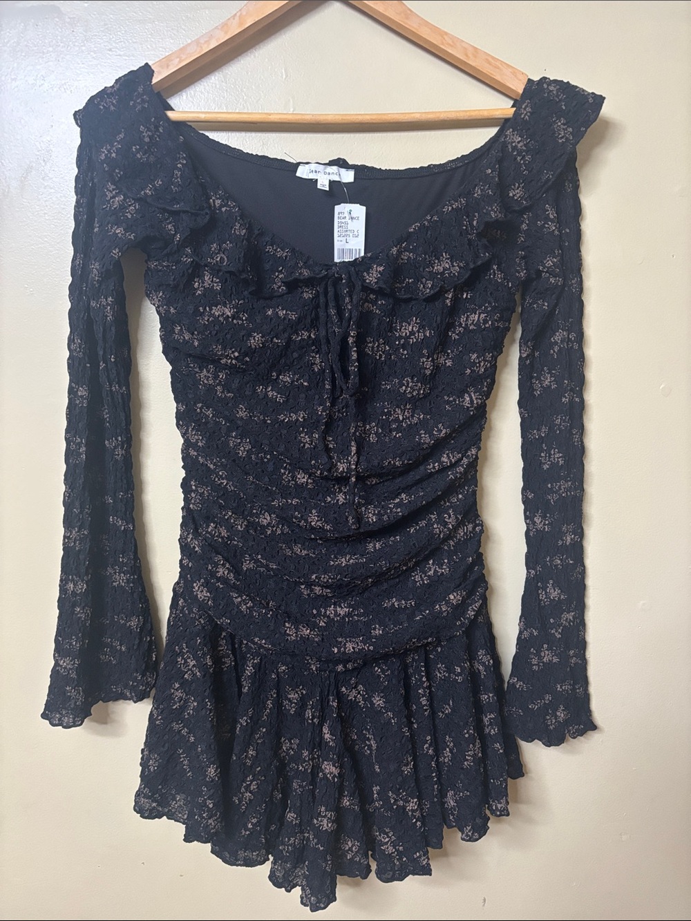 NWT Bear Dance Black Floral Long-Sleeve Ruffled Mini Dress